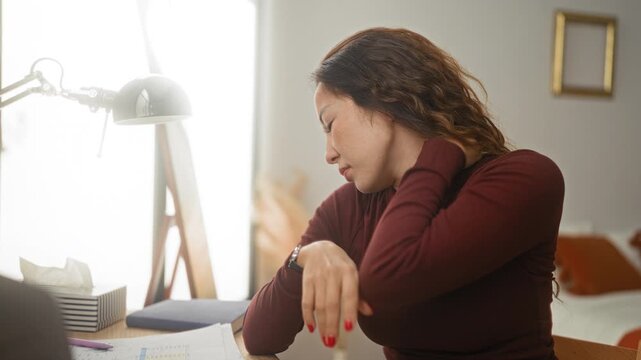 Woman rubbing neck and grimacing while seated at a desk with lamp, notebook and papers beside a bed in building; work fatigue.