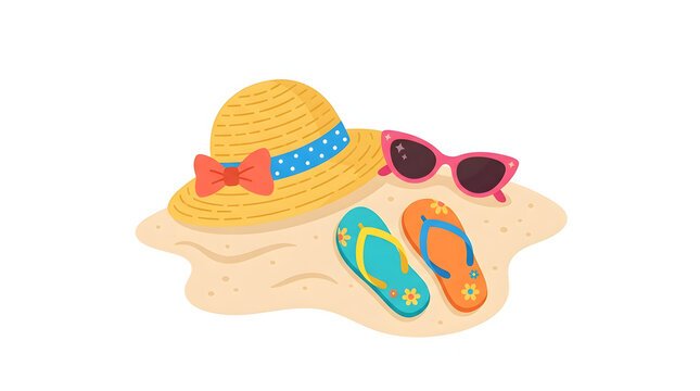 Summer vacation accessories with straw hat sunglasses and flip flops on sandy beach