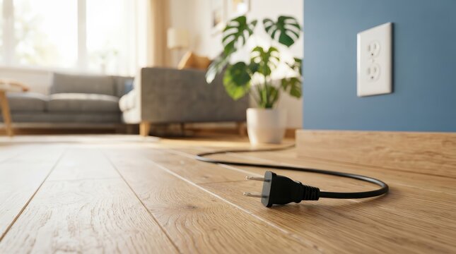 A black electrical plug disconnected from a white wall socket on a blue wall to conserve electricity.