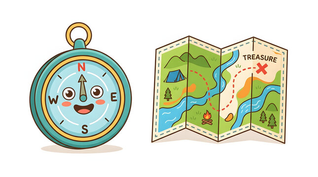 Cute cartoon compass character with a smile next to a detailed folded adventure treasure map