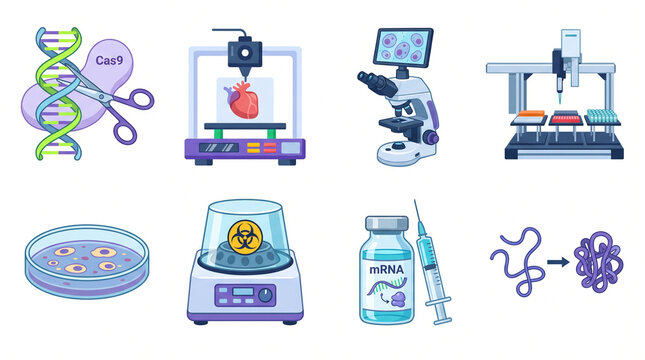 Isolated JPG illustration of a biotechnology and genomics minimalist icon pack, featuring CRISPR DNA editing, bioprinting, and lab equipment.