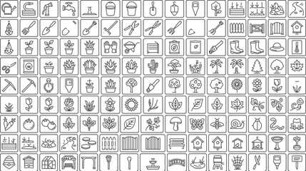 Minimalist gardening line icons set, 144 garden tools and plant vector symbols, thin outline agriculture and landscaping graphics for web design © MuhammadMajid