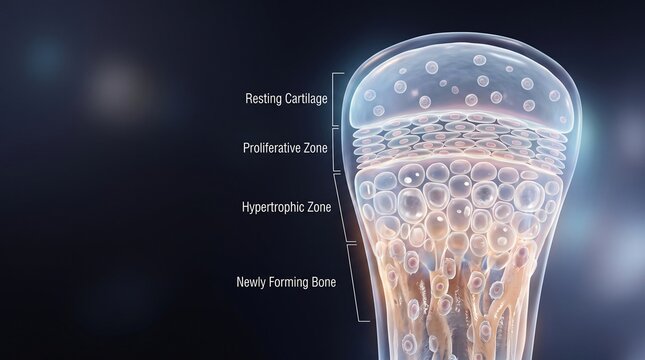 Epiphyseal plate growth zones and bone ossification microscopic anatomy 3D render