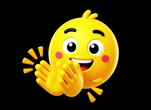 Cheerful 3D yellow emoji character clapping hands in a joyful animation for success and celebration