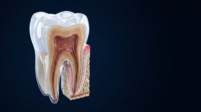 Human tooth anatomy cross section showing enamel dentin pulp and root 3D render