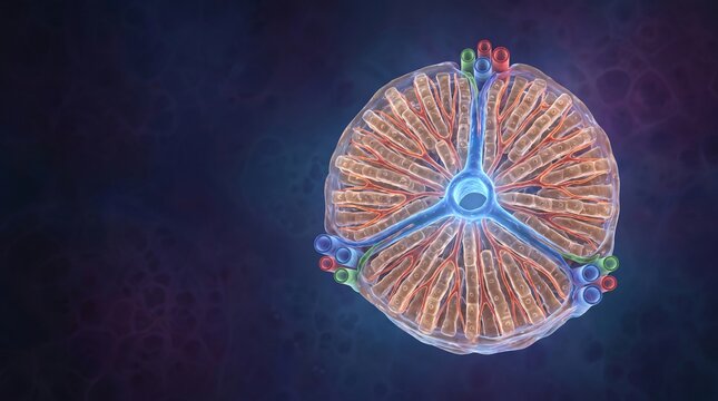 Liver lobule microscopic anatomy structure with hepatic cells and sinusoids 3D render