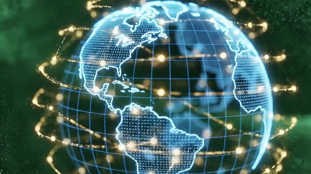 Digital Earth Globe Connected Points Vibrant Green Background - A glowing digital globe displays continents with interconnected points and orbits of light against a vibrant, bokeh green background.