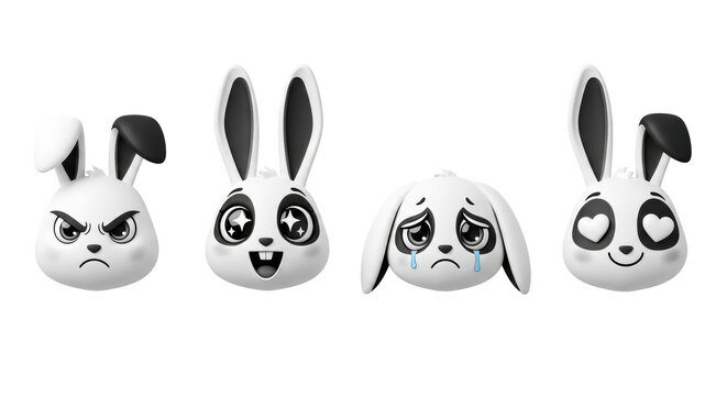 Four cute, monochrome cartoon rabbits with distinct angry, excited, sad, and loving expressions, rendered in clean vector style with bold black outlines on a transparent background, character emotion