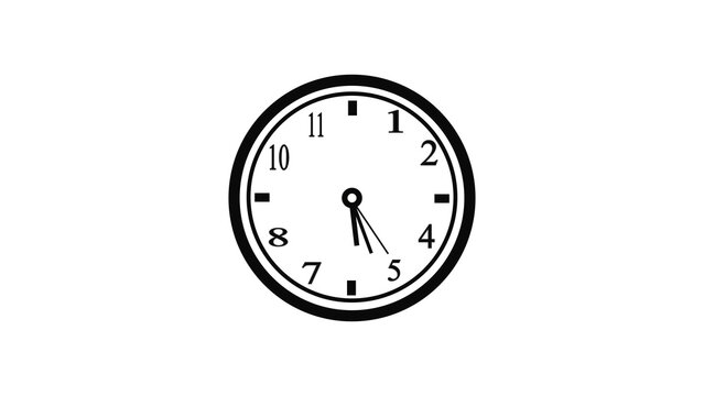 Black and white round wall clock icon with numbers showing the time as five twenty five for business and planning concepts and simple graphic design elements