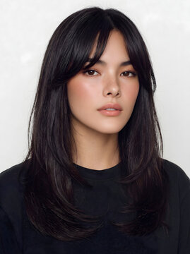 young woman with long layered hair and curtain bangs