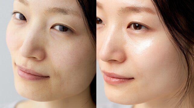 Split frame showing dull skin versus luminous skin in a Japanese person. Concept of skin brightening treatment.