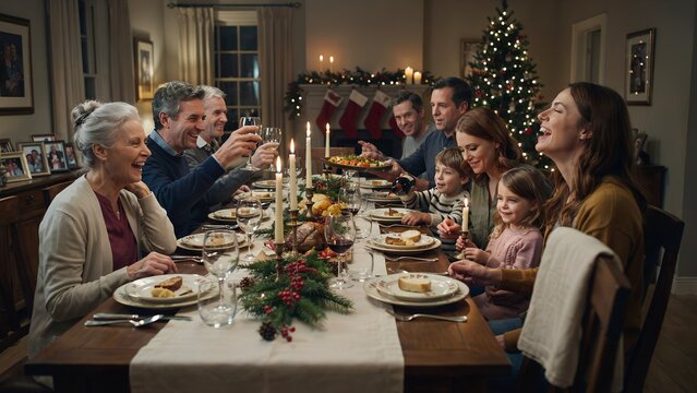 Multi-Generational Extended Family Enjoying Festive Holiday Dinner
