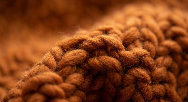 Macro close-up of warm terracotta color chunky knit wool fabric texture