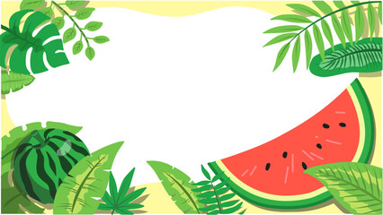 Summer vacation frame background with watermelon and tropical palm leaves for design space © hwikyung
