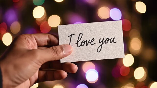 Hand Holds "I Love You" Card Against Bokeh Lights - A close-up shot shows a hand holding a white card with the handwritten message "I love you.