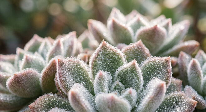 Beautiful macro photograph of fuzzy Echeveria succulent rosettes covered in frost and dew drops in soft morning light.
