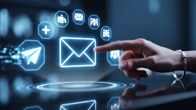 Hand Touching Digital Email and Communication Icons - A close-up shot shows a person's hand interacting with a holographic interface displaying various digital icons related to email and