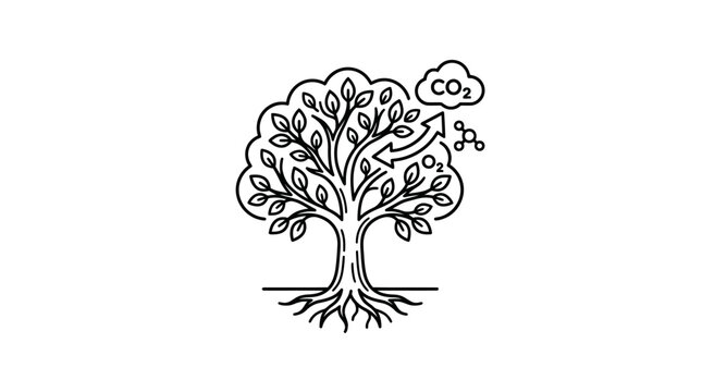 Industrial Black and White Line Drawing of Tree Absorbing CO2 and Releasing O2 for Environmental Awareness