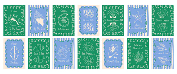 Seashell poster big bundle with various shells, conch, starfish, coral reef, nautilus, seaweed, hand drawn vector, blue mediterranean line art, retro flat style, summer beach card mega collection © Coxic25