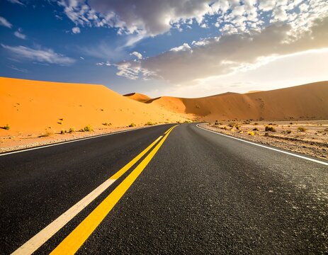 An asphalt road curves through a desert landscape with large sand dunes under a partly cloudy sky at sunset