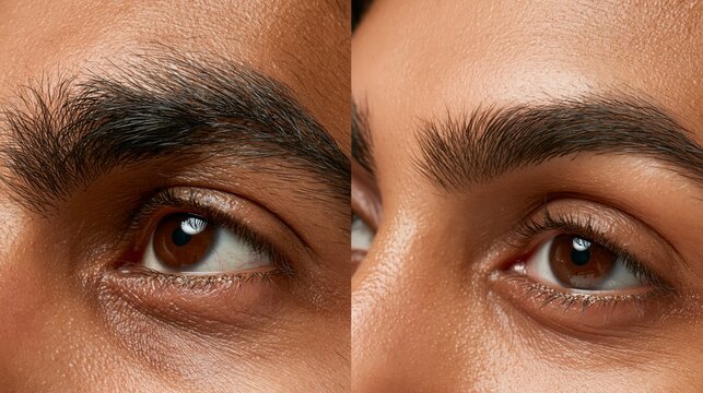 Split frame showing a monobrow versus shaped brows in an Indian person. Concept of eyebrow threading.