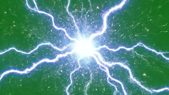 Electric Energy Burst on Green Background - A powerful, bright white burst of electric energy radiates outwards with multiple blue lightning bolts against a dark, speckled green background.