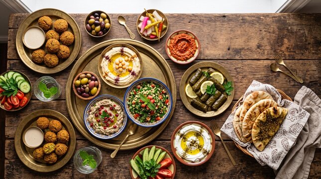 Gastronom&iacute;a de Oriente Medio aut&eacute;ntica, platos &aacute;rabes tradicionales y postres con estilo comercial y espacio negativo