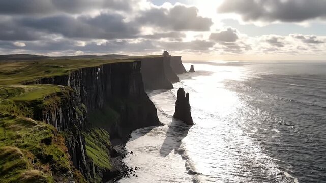Ireland Cliffs of Moher Panoramic View - This image showcases a breathtaking panoramic view of the majestic Cliffs of Moher in Ireland, with imposing cliffs overlooking the Atlantic Ocean.