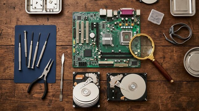 Top view of computer repair workspace with green motherboard, disassembled hard drives, precision tools, magnifying glass and electronic parts on wooden table, flat lay for tech maintenance