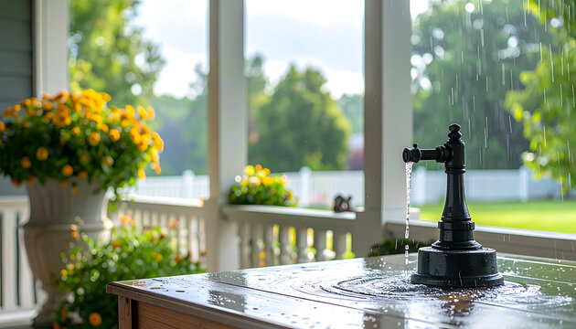 Outdoor faucet with green garden view.