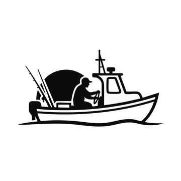 Man piloting fishing boat at sunrise. Minimalist black and white vector illustration. Outdoor recreation and fishing adventure concept