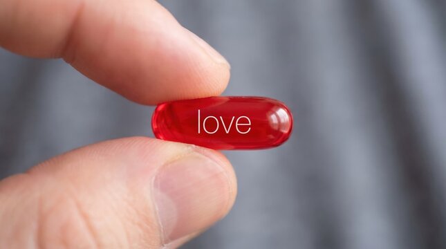 Person holding a translucent red pill capsule with the word love printed on it symbolizing romance or emotion, medicine