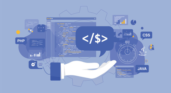 Modern flat illustration of a hand holding code elements, stopwatch, and charts, concept for web development, software design and app creation.