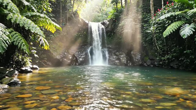 Lush Tropical Waterfall Cascading into Serene Pool - A magnificent waterfall cascades down rocky cliffs into a crystal-clear pool in a lush tropical rainforest.