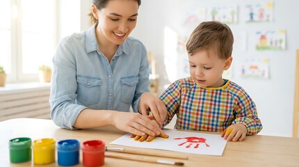 Obraz premium Mother and child painting hands with yellow paint on paper, creative activity and learning for preschooler in art class, happy family bonding and fun at home or school.