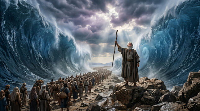 Moses parting the Red Sea with his staff, allowing the Israelites to cross on dry ground. Epic biblical miracle from the book of Exodus