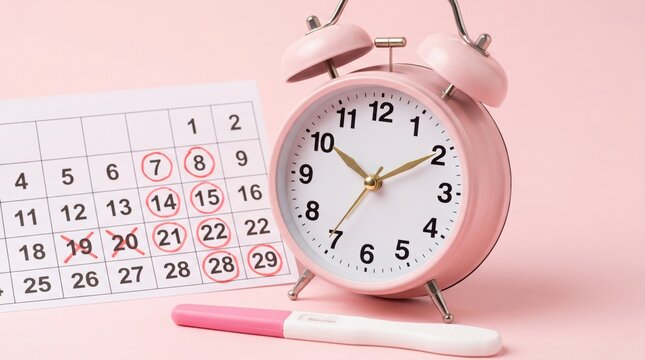 Pregnancy test with pink alarm clock and calendar tracking menstrual cycle on pink background