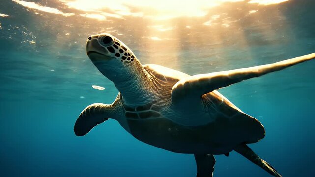 Majestic Sea Turtle Swims Towards Sunlight in Deep Blue Ocean - A majestic sea turtle gracefully ascends through the deep blue ocean, its shell illuminated by warm sunlight filtering down from the