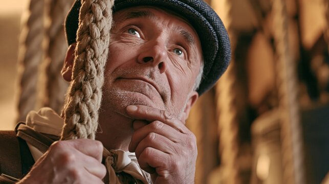 Bell ringer holding a bell rope in a ringing chamber while thinking. Concept of quiz, consultation and trivia about bell ringing.