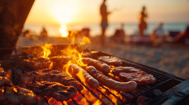 Beach barbecue at sunset with grilled sausages over open fire and blurred people in background showing summer picnic outdoor cooking seaside party vacation food and warm evening gathering lifestyle