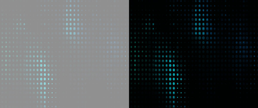 Abstract blue halftone square pixel grid split on grey and black background. Futuristic digital data mosaic pattern backdrop. Minimalist cyan pixelated halftone texture banner