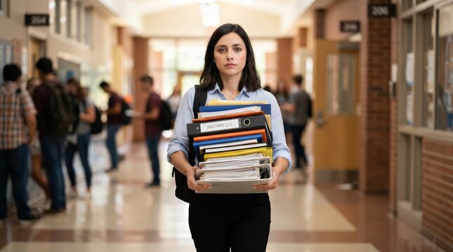 A teacher feeling the multitasking pressure while carrying heavy binders and supplies in a hallway.