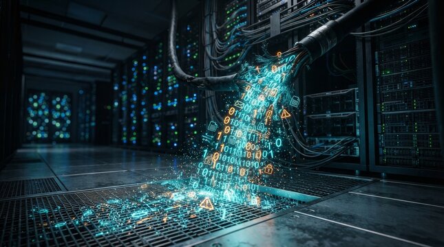 Critical circuit failure and network security vulnerability visualized by leaking binary data from a broken cable.