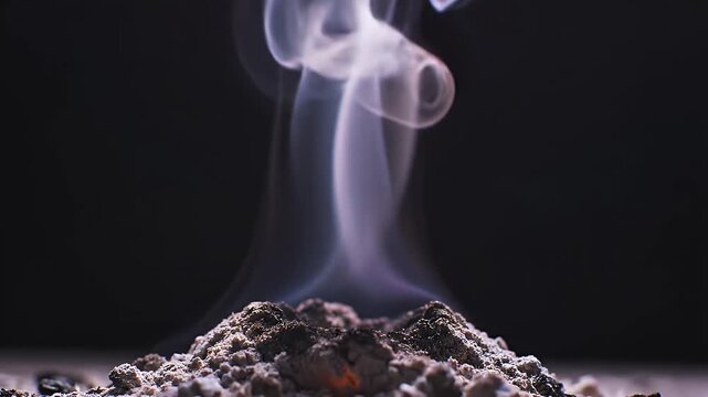 Mystical Smoke Rising from Ash Pile - Ethereal wisps of translucent smoke curl and ascend from a small pile of dark ash.