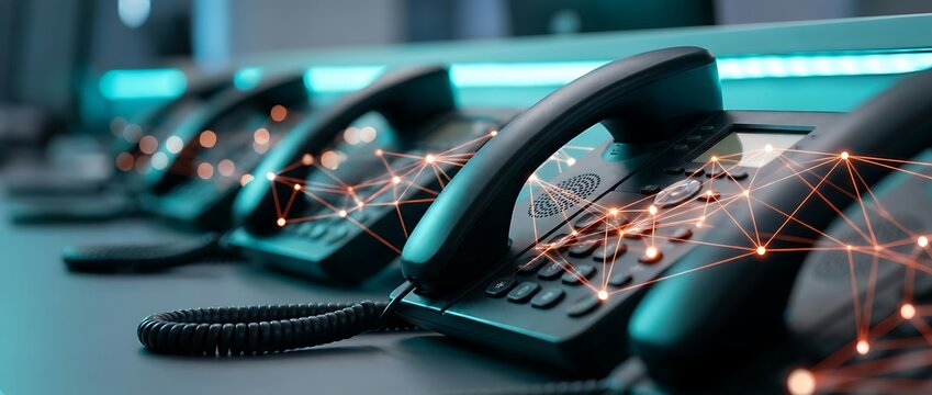 Row of office desk telephones connected by glowing network lines suggesting communication technology and digital connection for business purposes.