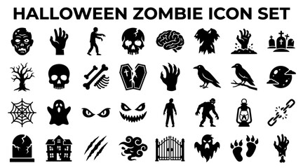Fototapeta premium Halloween zombie icon set. Black vector symbols for horror design and spooky party graphics.