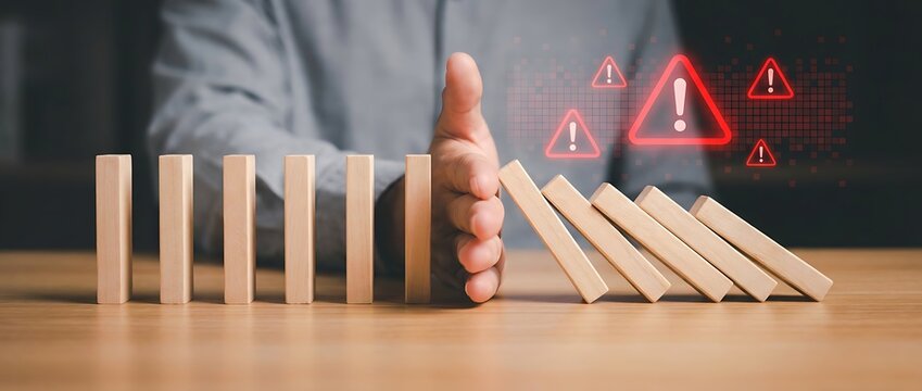 Business professional stops falling domino wooden blocks with hand representing risk management crisis prevention strategic planning concept in corporate office environment set on desk.