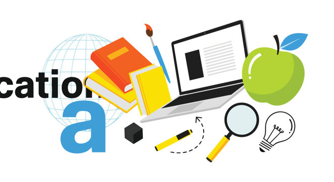 Vibrant illustration of books, laptop, apple, and school elements, perfect for educational websites, school presentations, and learning materials.