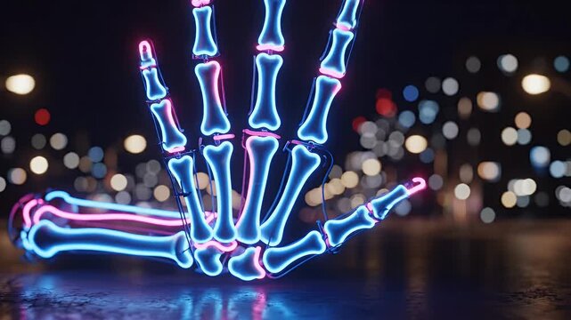 Neon Skeleton Hand at Night - A vibrant neon skeleton hand, glowing with blue and pink lights, is animated against a dark, bokeh-filled urban night background.
