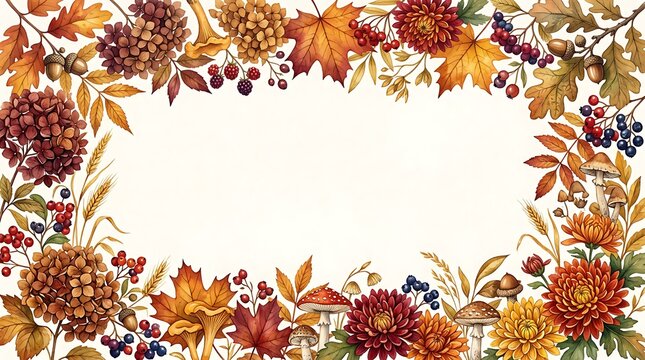 Autumnal Equinox Watercolor Frame with Leaves and Mushrooms